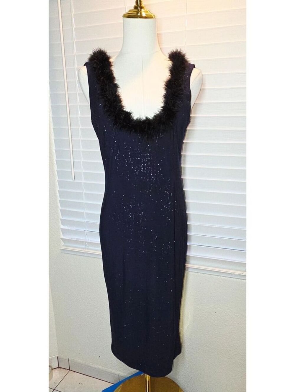 Calvin Klein Sparkling Glittery Blue with faux fur lined dress S